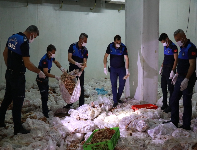 Haliliye zabıtası depoya baskında 10 ton kokmuş tavuk gele geçirdi