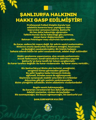 Şanlıurfa Spor: “Şanlıurfa halkının hakkı gasp edilmiştir”